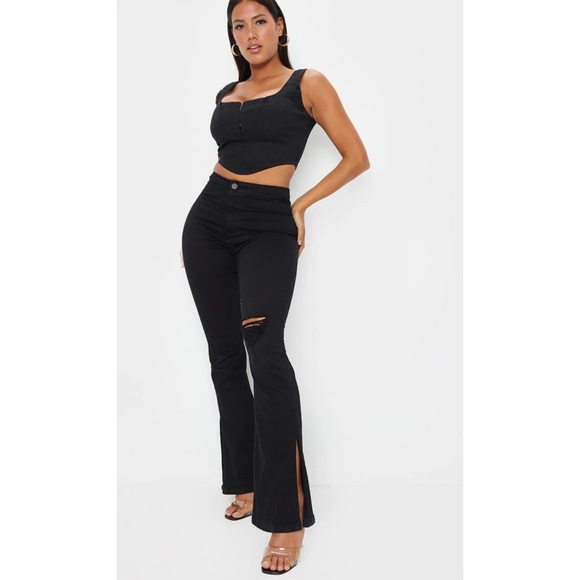 Plt Black Distressed Split Flare Jeans 